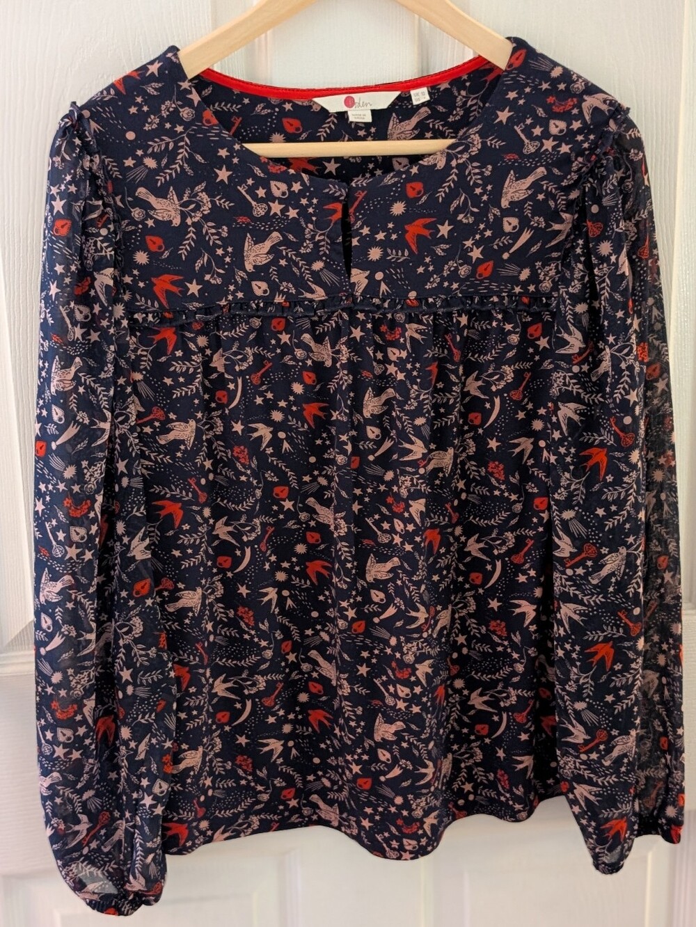 Boden Navy Soft Floral Bird Print Blouse - Drapey w/ Sheer Sleeves